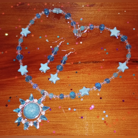 Sunburst Star Sunstone Rhinestone Crystal Turquoise Pendant Necklace Earrings - Picture 3 of 11